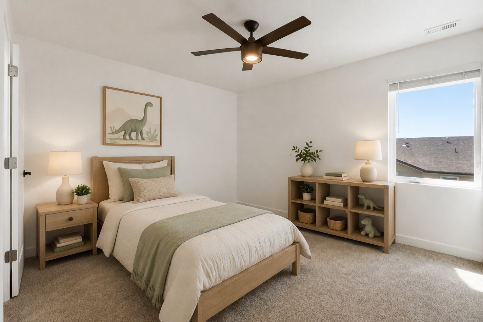 Carpeted room featuring a ceiling fan with integrated lighting, a window with a white frame, and a white interior door with a black handle
