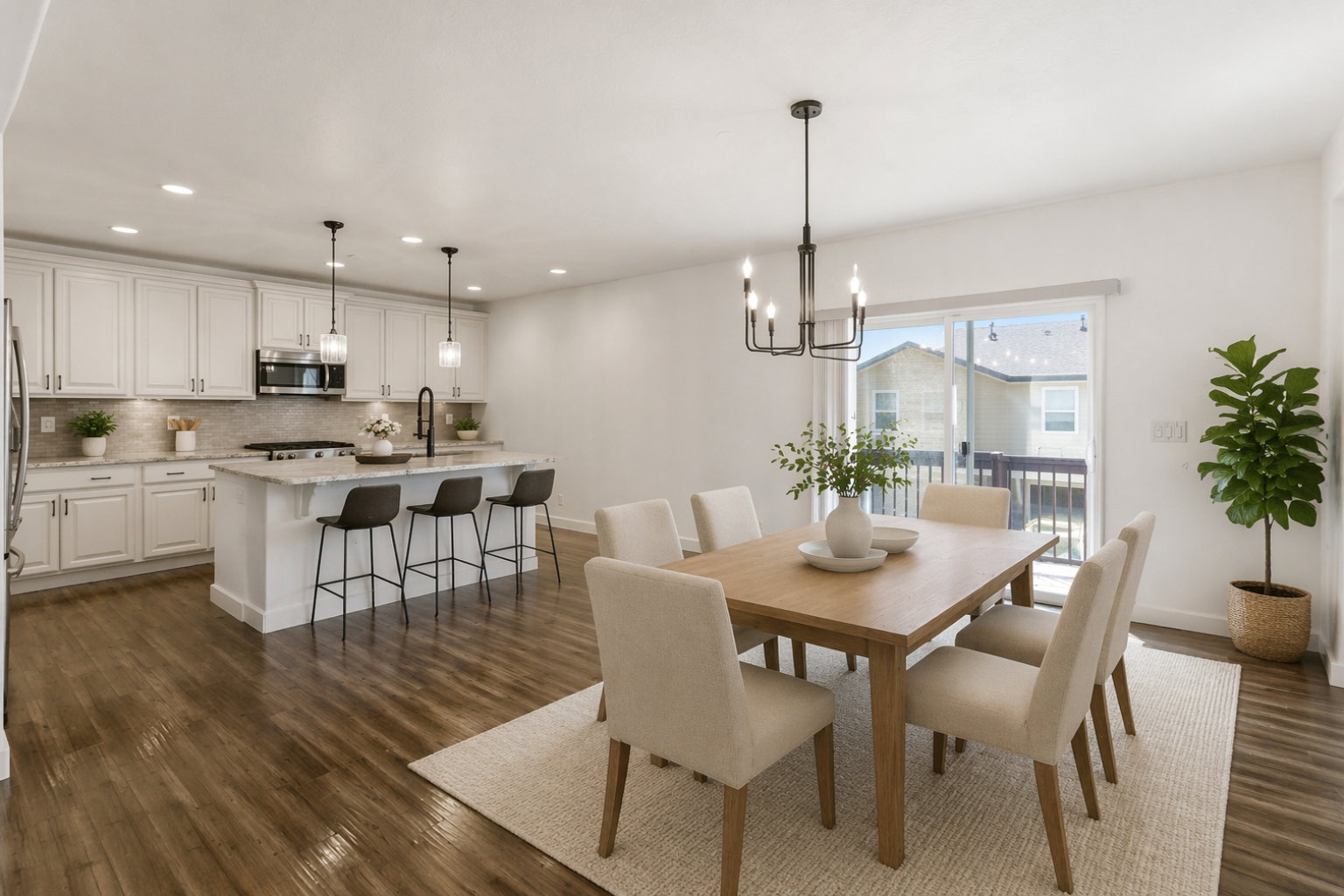 Open-concept living space with wood-finish flooring, a contemporary dining area, and a kitchen featuring white cabinetry, an island with seating, and stainless steel appliances