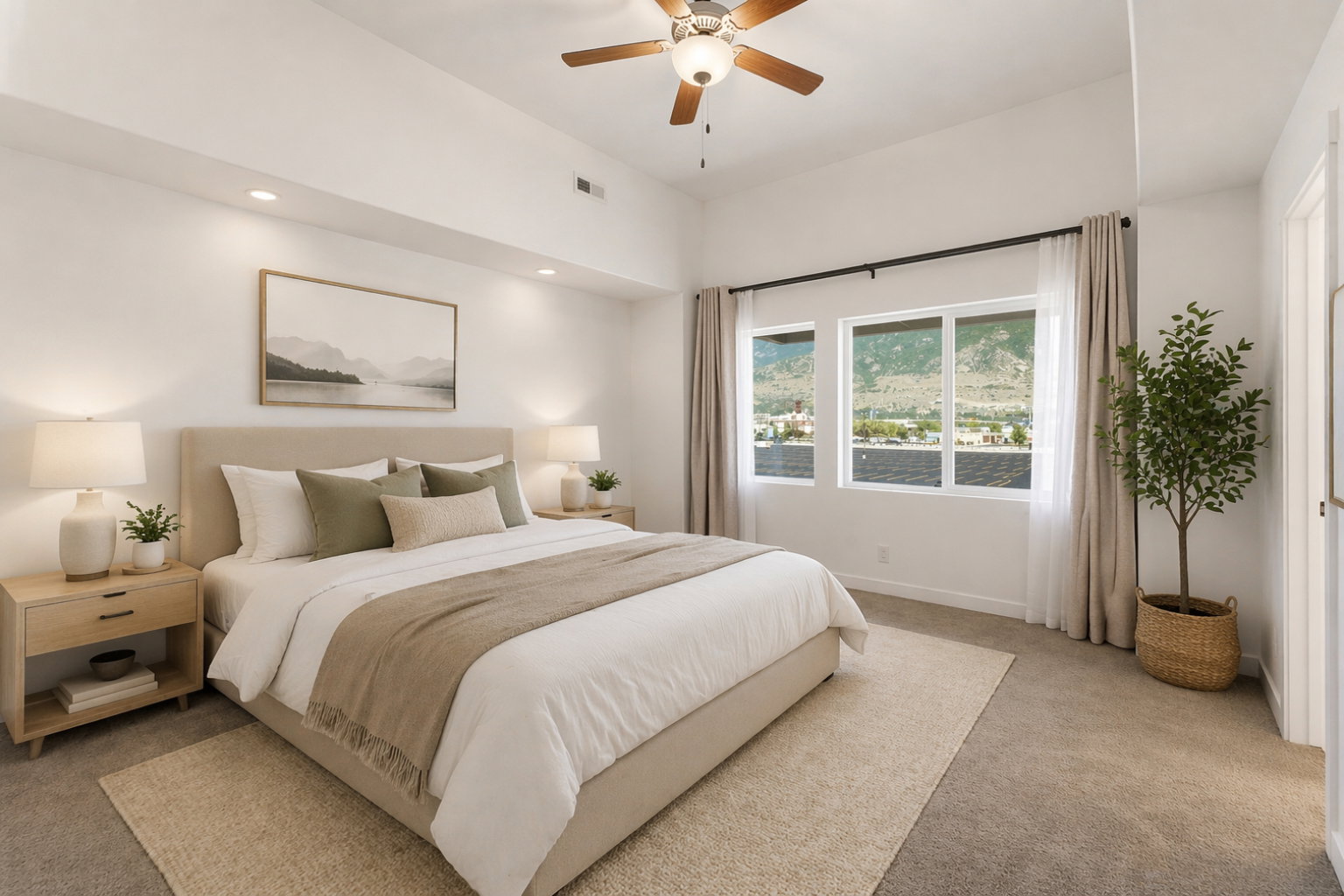 Bright bedroom featuring an upholstered bed frame, recessed lighting, and a ceiling fan