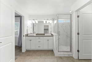 Dual vanity with undermount sinks and contemporary light fixtures
