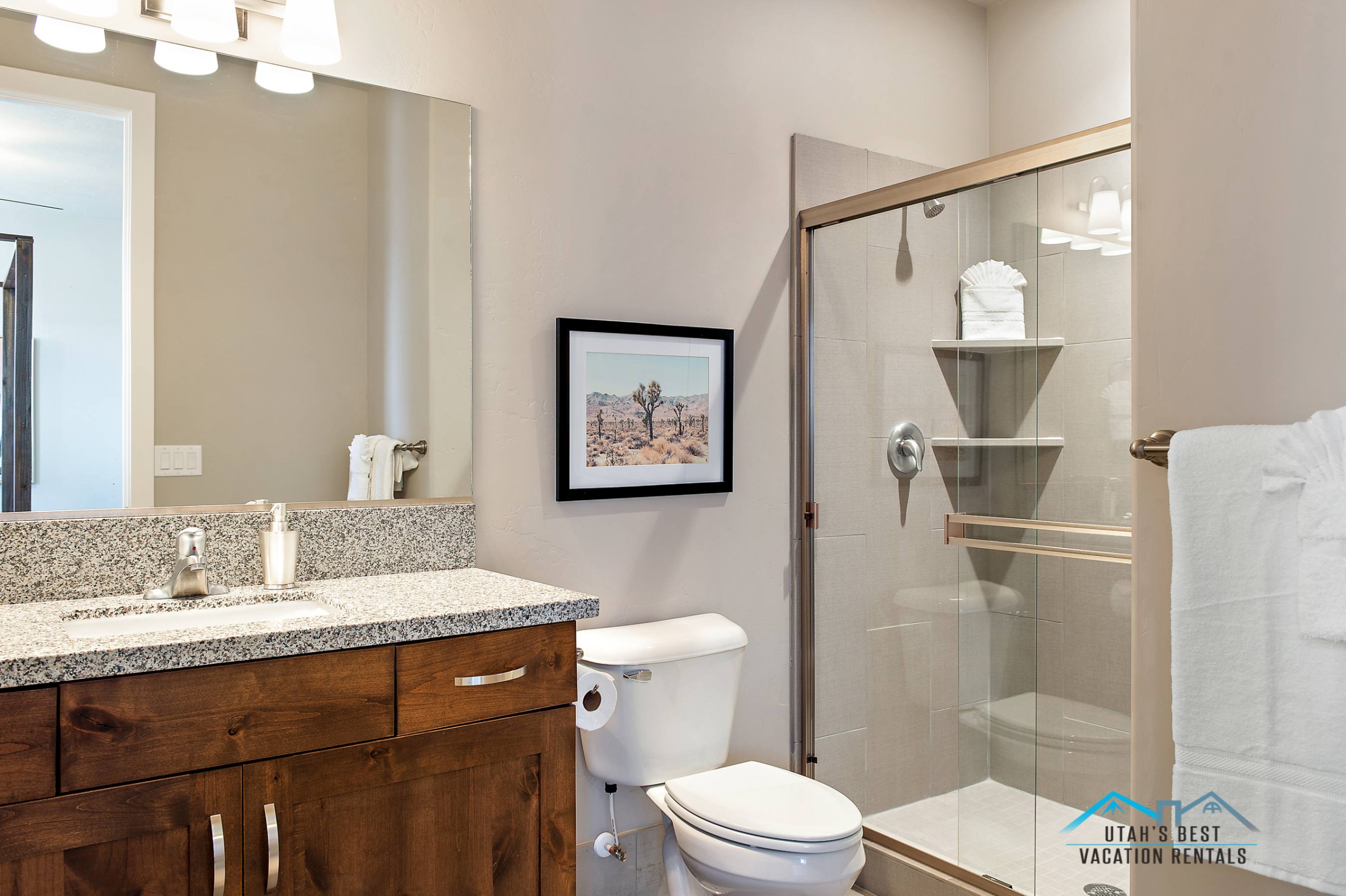 Bathroom featuring a dark wood-finish vanity with a granite countertop, a rectangular undermount sink, and a framed glass shower enclosure with built-in shelving