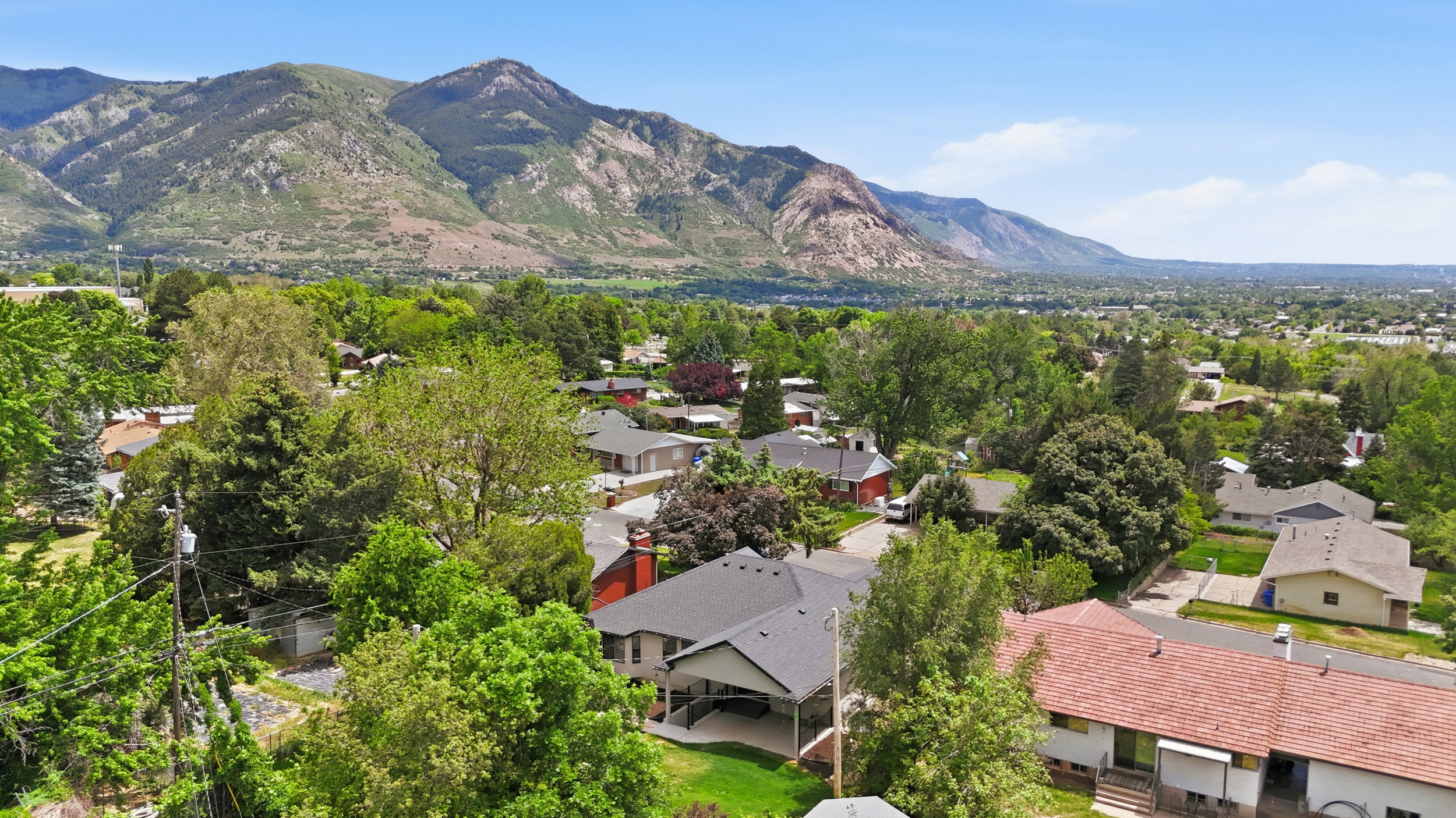 Aerial perspective showcasing a residential neighborhood with varied architectural styles and mature trees