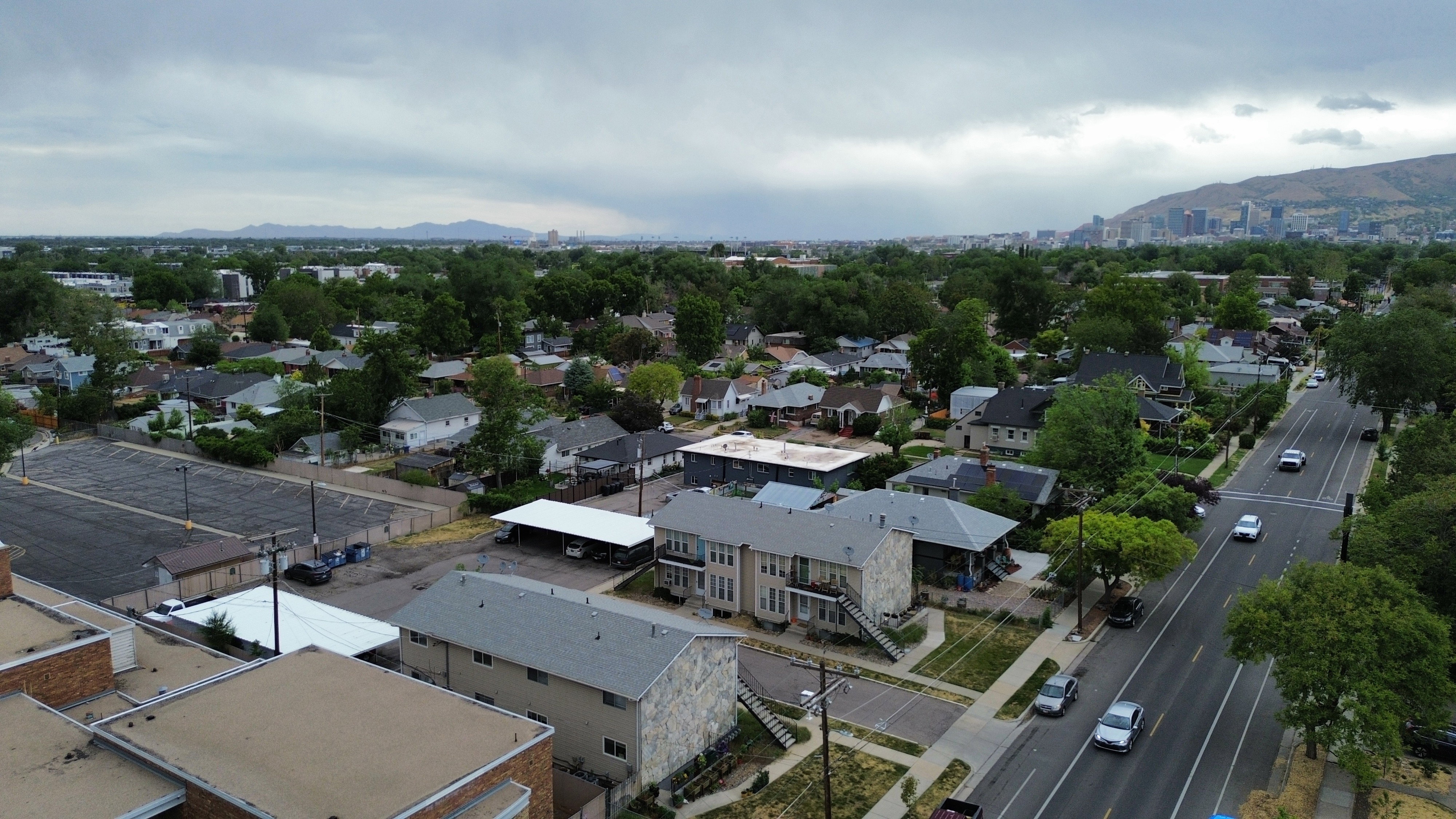 Aerial perspective showcasing residential buildings and mature tree canopy