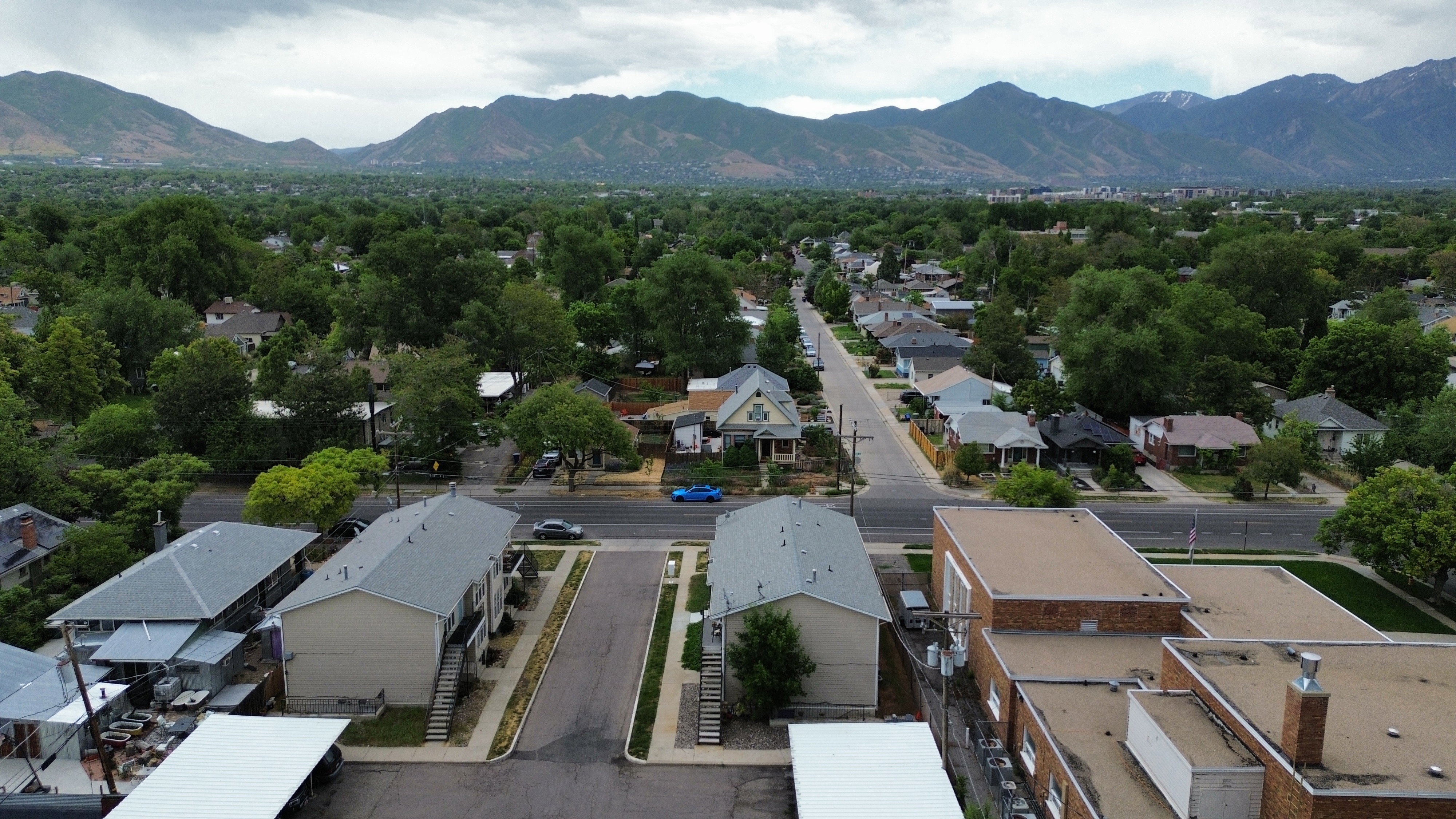 Aerial perspective of a tree-lined residential neighborhood with distant mountains