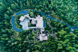 Expansive wooded property featuring a multi-structure residence with a large asphalt driveway