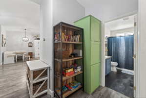 Hallway with wood-finish flooring, featuring a built-in storage unit with green cabinetry and an open-shelved metal and wood-finish bookcase