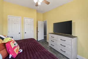 Brightly painted interior room featuring wood-finish flooring, white paneled doors with black hardware, and a ceiling fan with light fixture