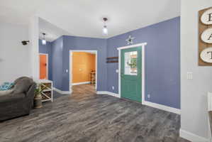 Entryway featuring wood-finish flooring and a green paneled door with glass inserts