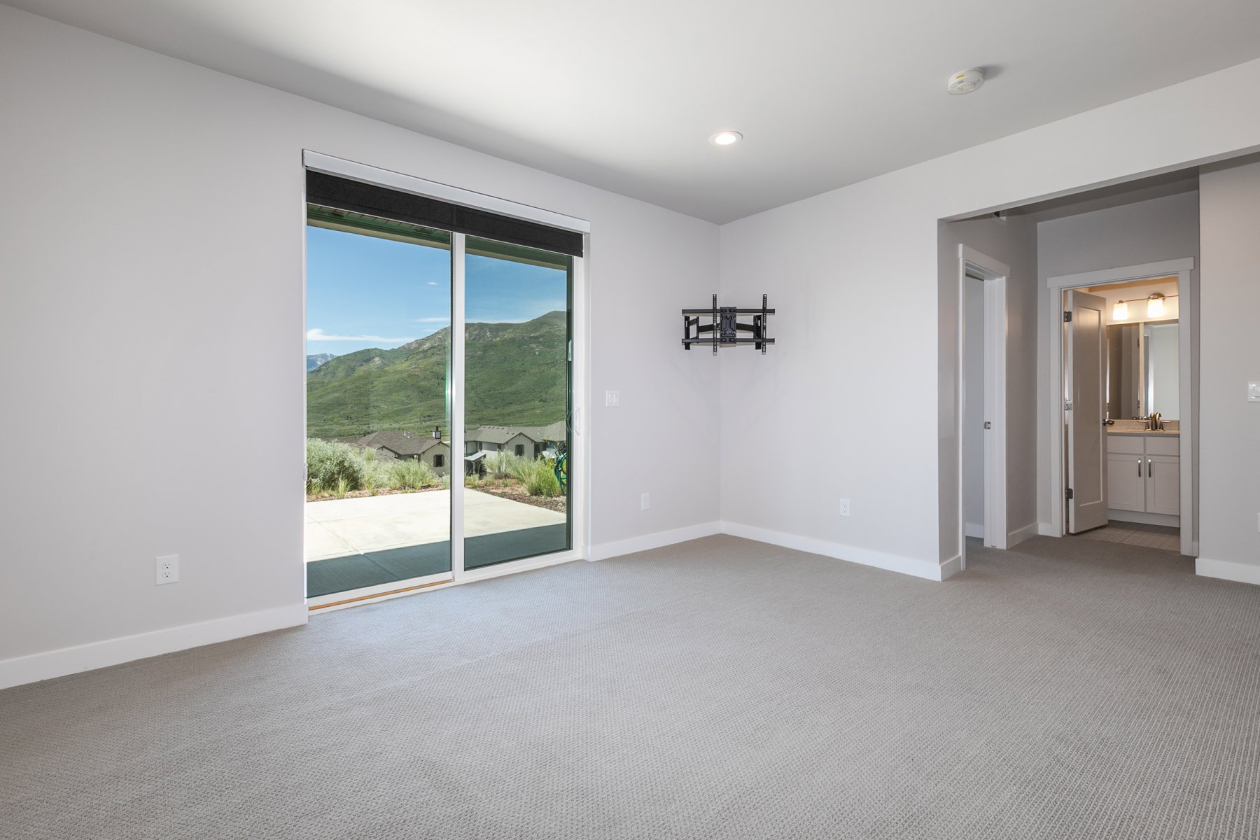 Spacious interior featuring light gray wall paint and matching carpet flooring