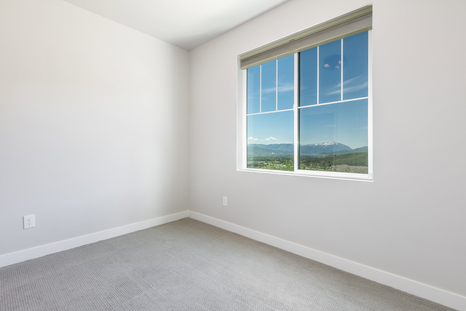 Bright interior space featuring a large window with white muntins, grey carpet, white baseboards, and light-colored walls