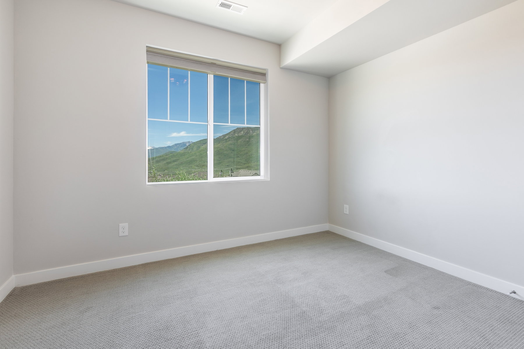Bright interior space featuring a large window with mountain scenery, neutral wall paint, white trim, and gray carpeting