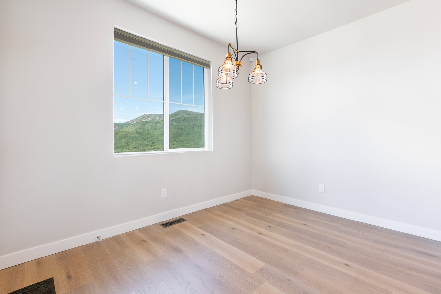 Room featuring light wood-finish flooring, white baseboards, and a modern chandelier with four caged lights