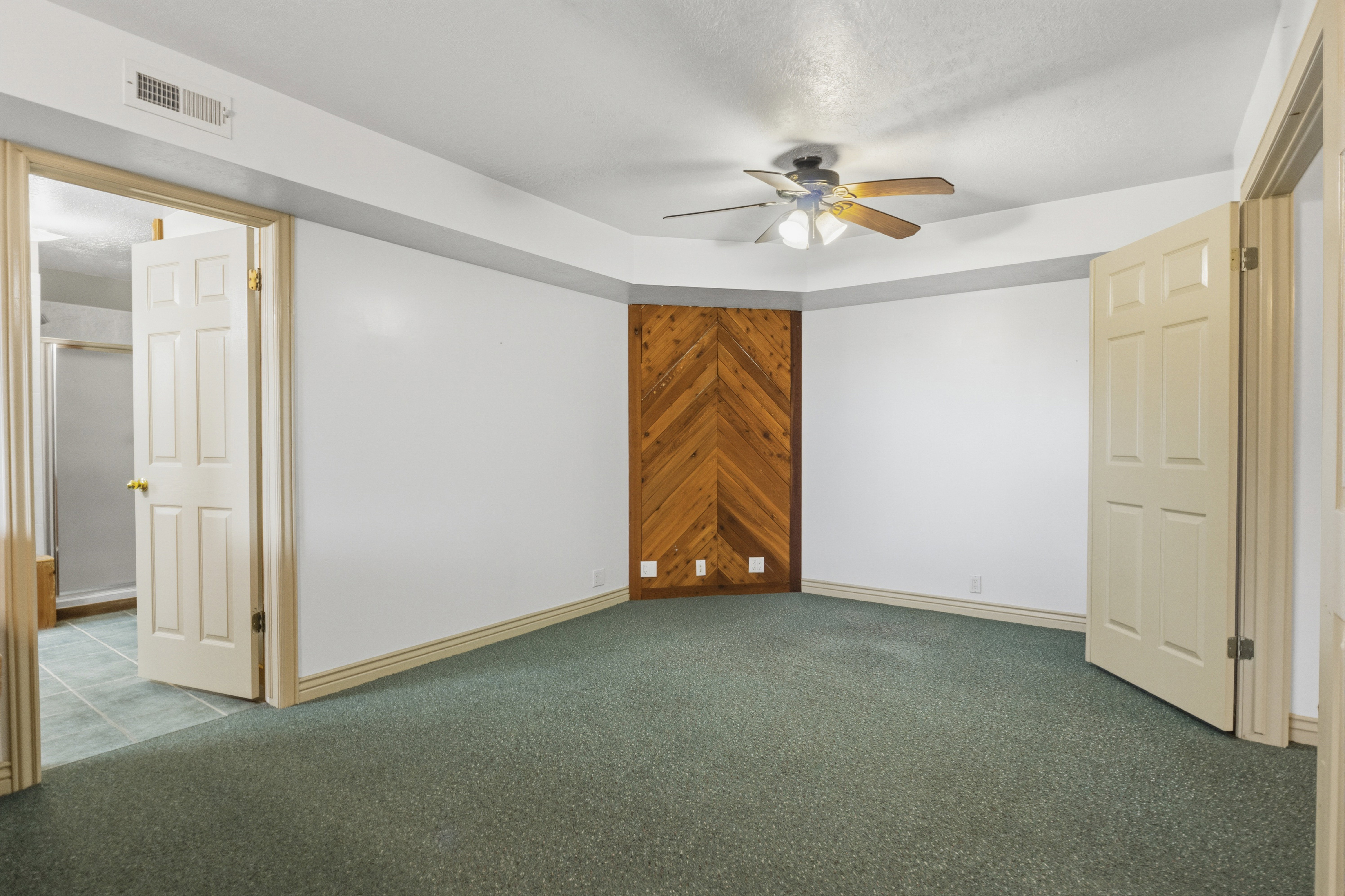 Spacious interior room featuring green carpet flooring, a natural wood-panel accent wall, and a ceiling fan with integrated lighting