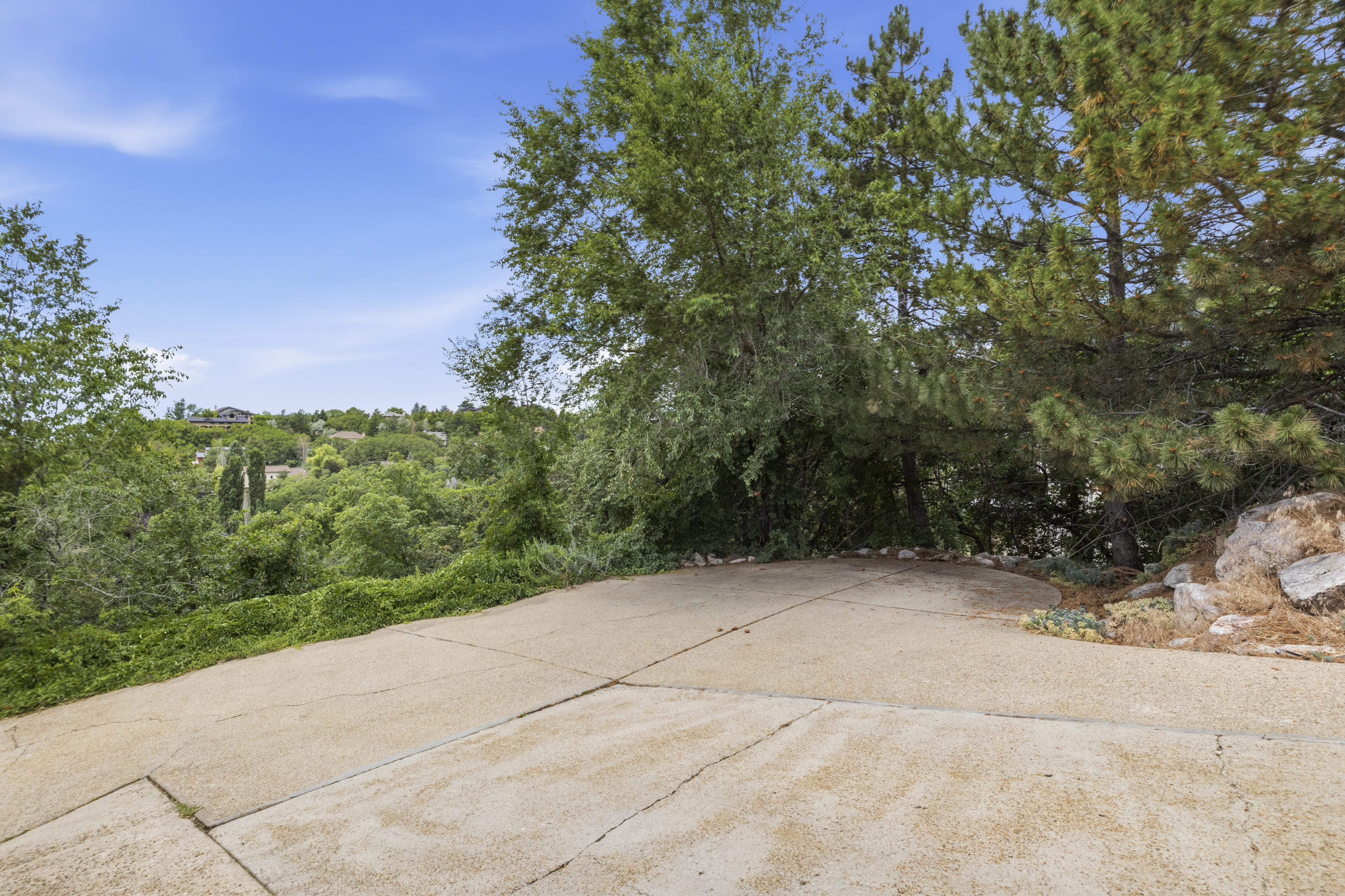 Concrete patio with a tree-lined perimeter and distant residential structures