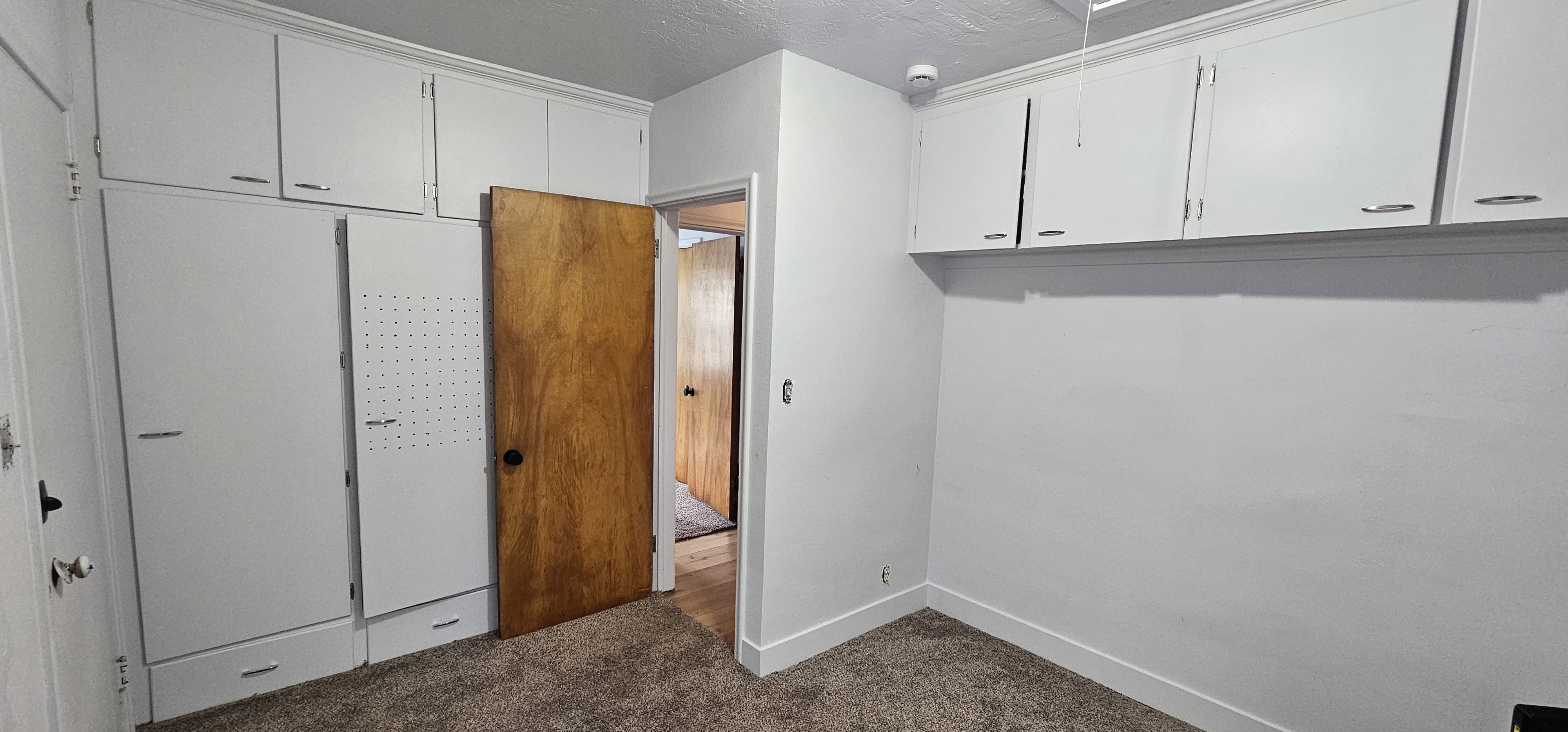Room featuring extensive white cabinetry and neutral-toned carpeting