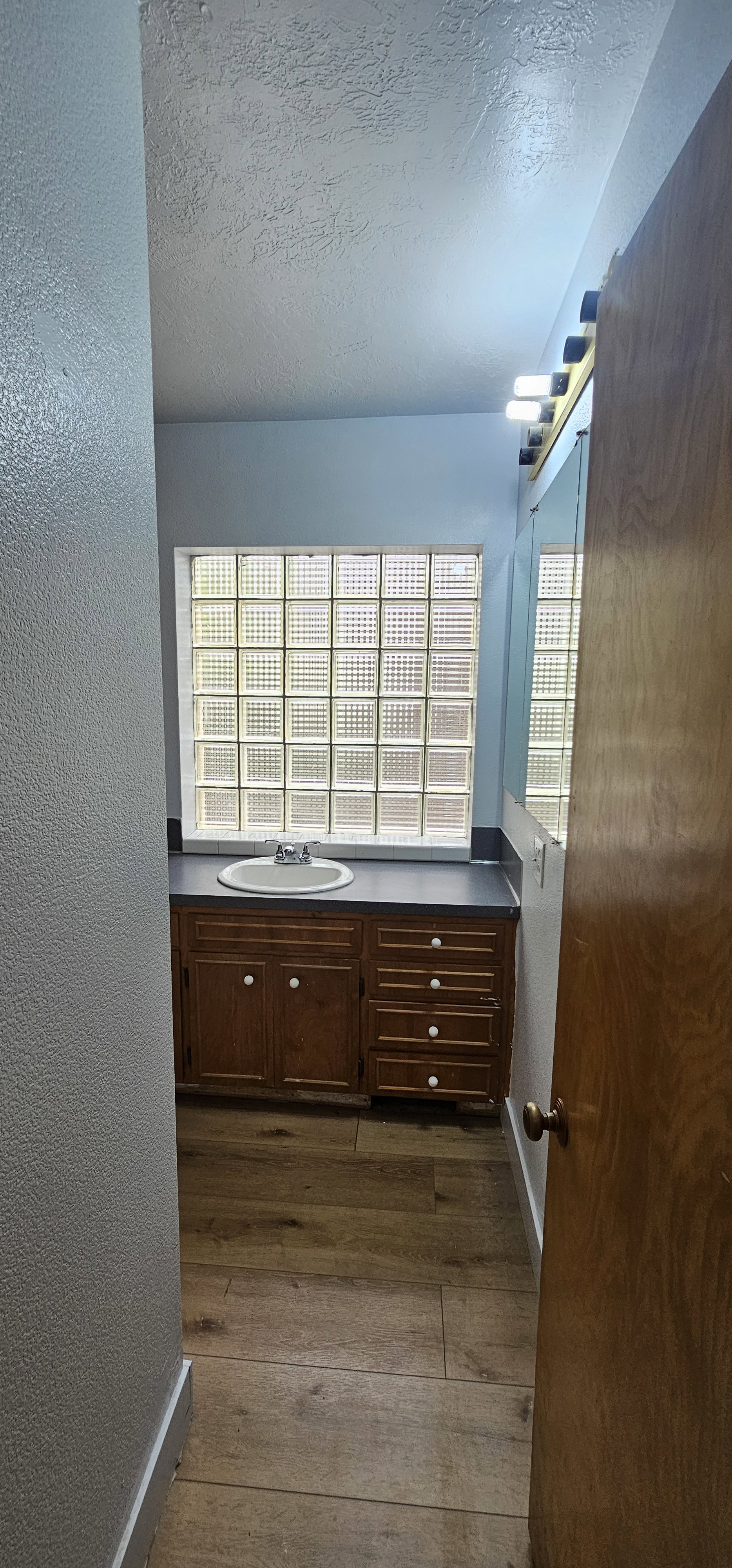 Bathroom featuring a window with glass block accents, a vanity with wood cabinetry, a white basin sink, dark countertop, and wood-finish flooring