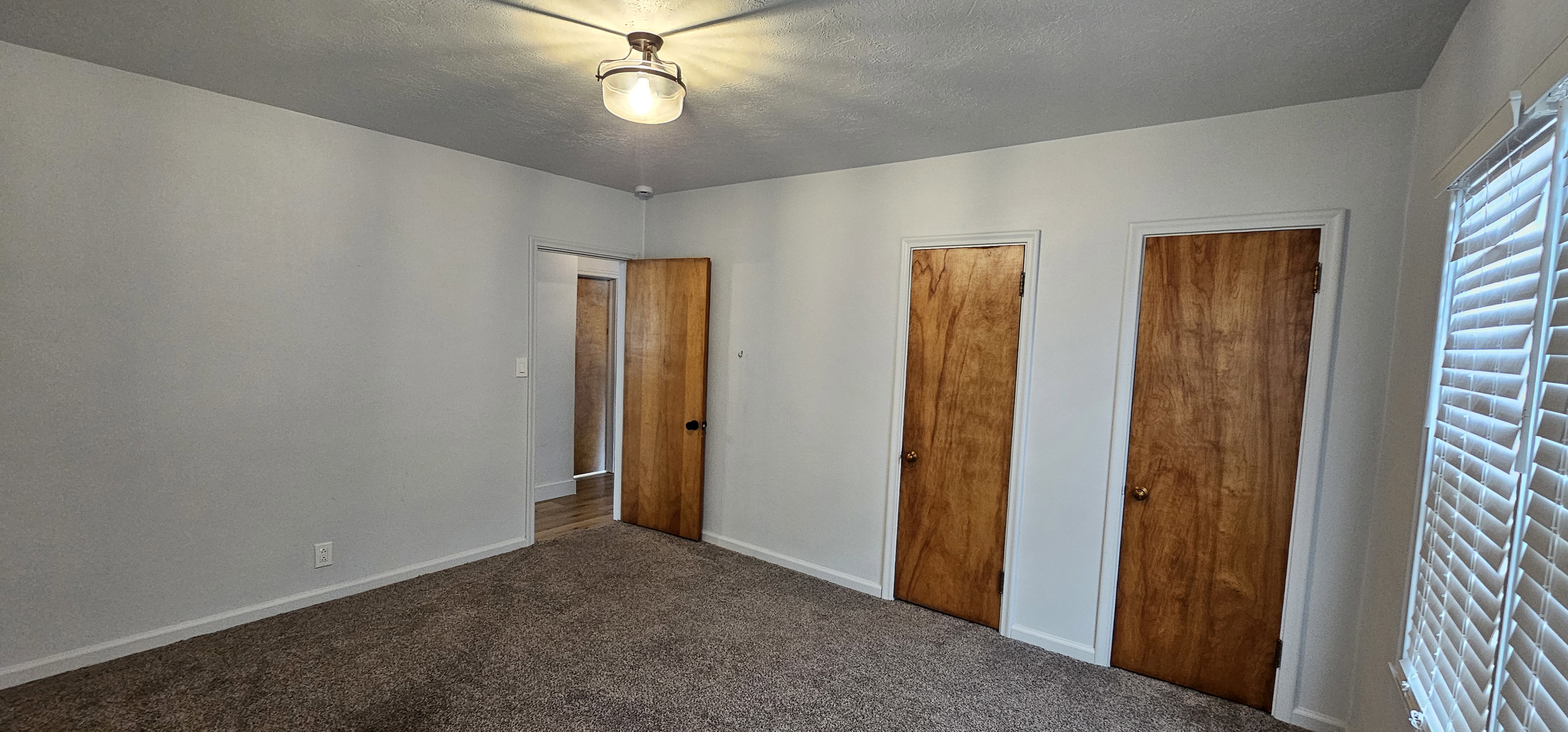 Carpeted room featuring multiple wood-finish doors, white trim, and a window with white louvered blinds
