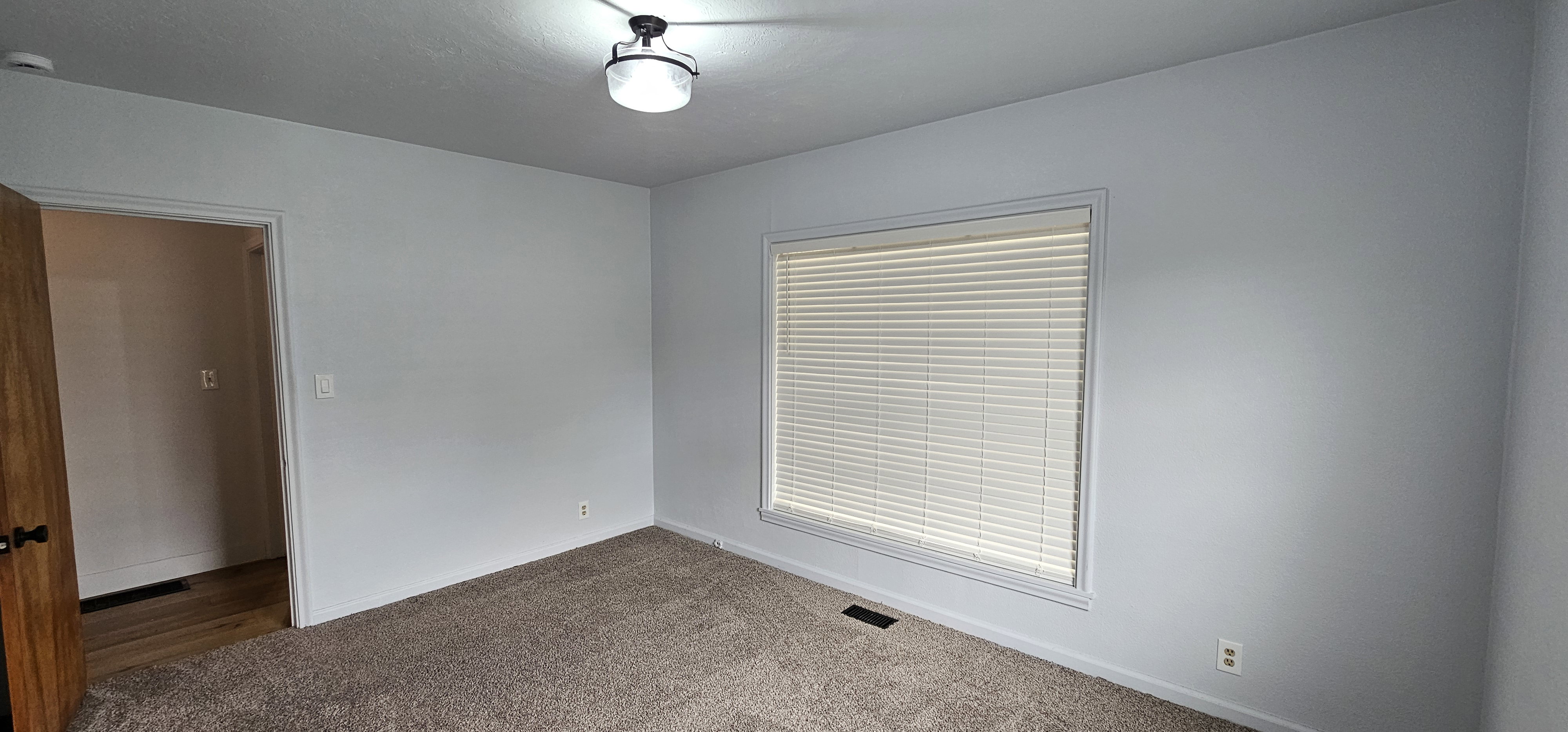 Neutral-toned carpeted room featuring a large window with blinds, white trim, and a white ceiling with a flush-mount light fixture