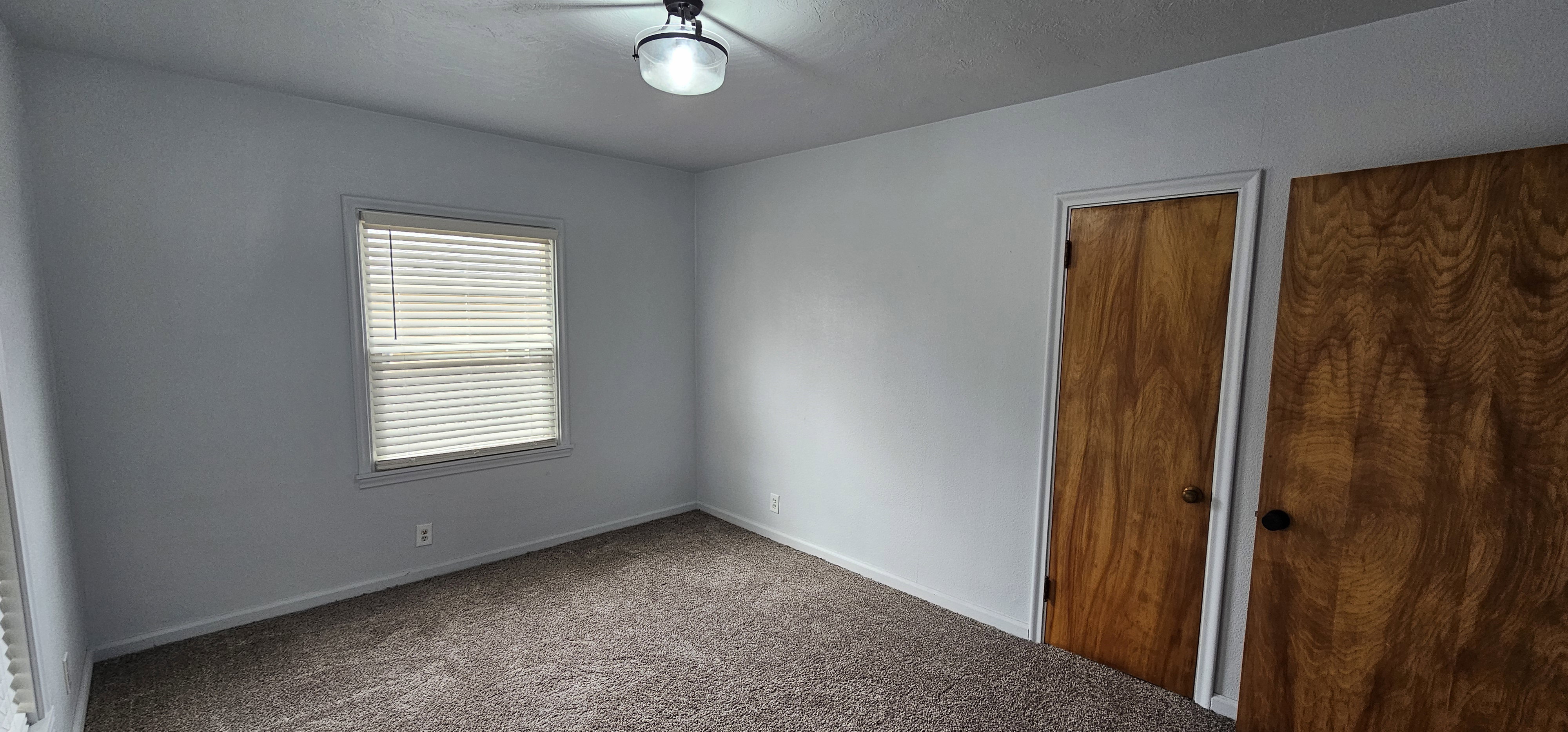 Carpeted room featuring a window with horizontal blinds, light-colored walls, wood-paneled doors, and a ceiling-mounted light fixture