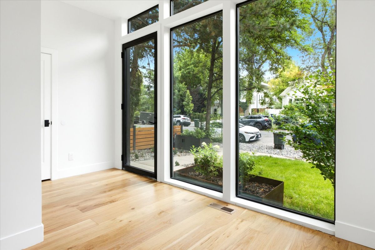 Floor to ceiling black windows