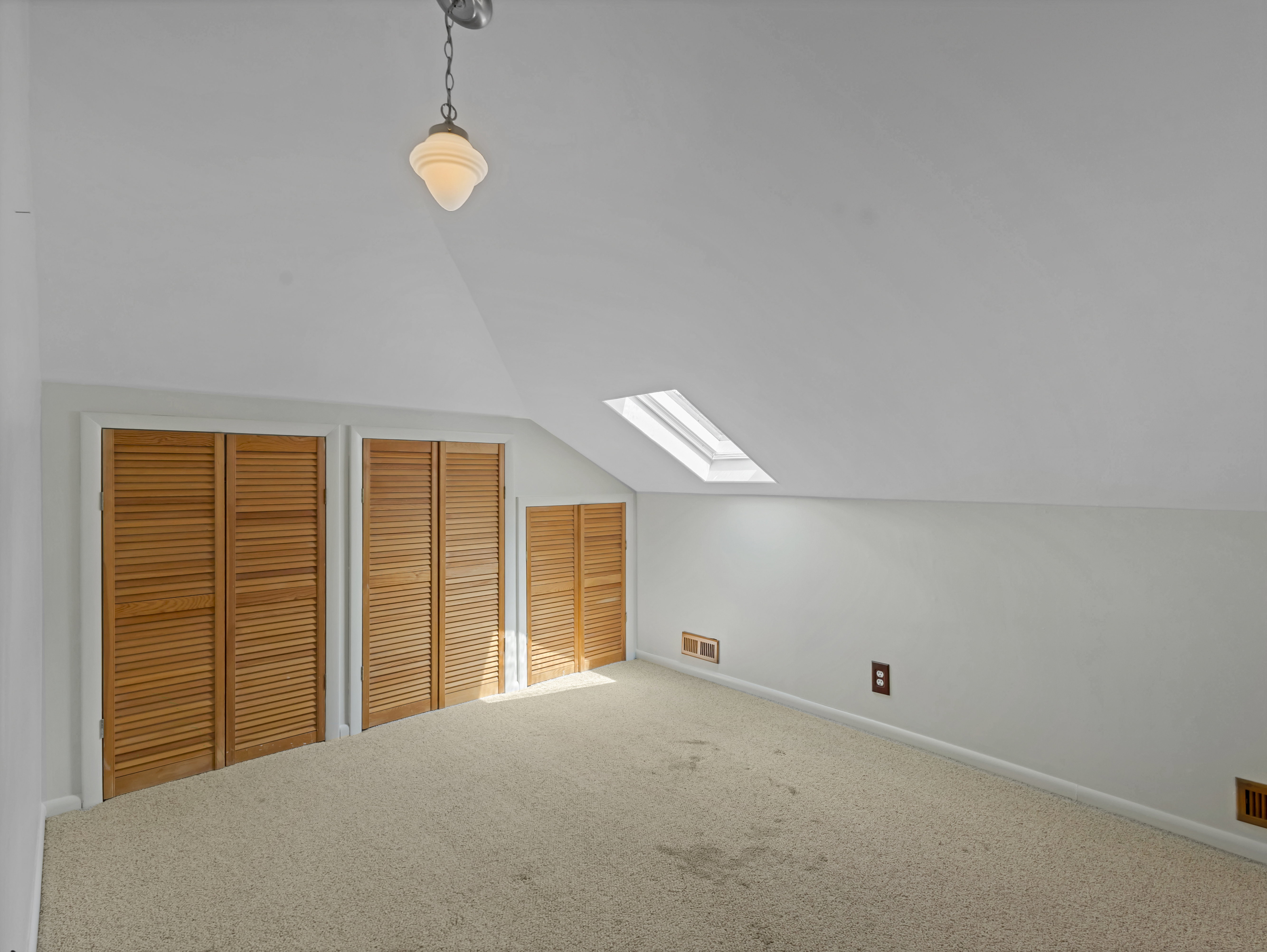 Attic space featuring sloped ceilings, a skylight, and carpet flooring