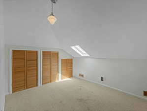 Attic space featuring sloped ceilings, a skylight, and carpet flooring