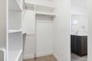Walk-in closet featuring built-in shelving, chrome hanging rods, and neutral-tone carpeting