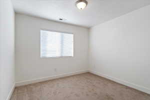 Neutral-toned carpeting paired with white walls, a single window featuring horizontal blinds, and a flush-mount ceiling light fixture