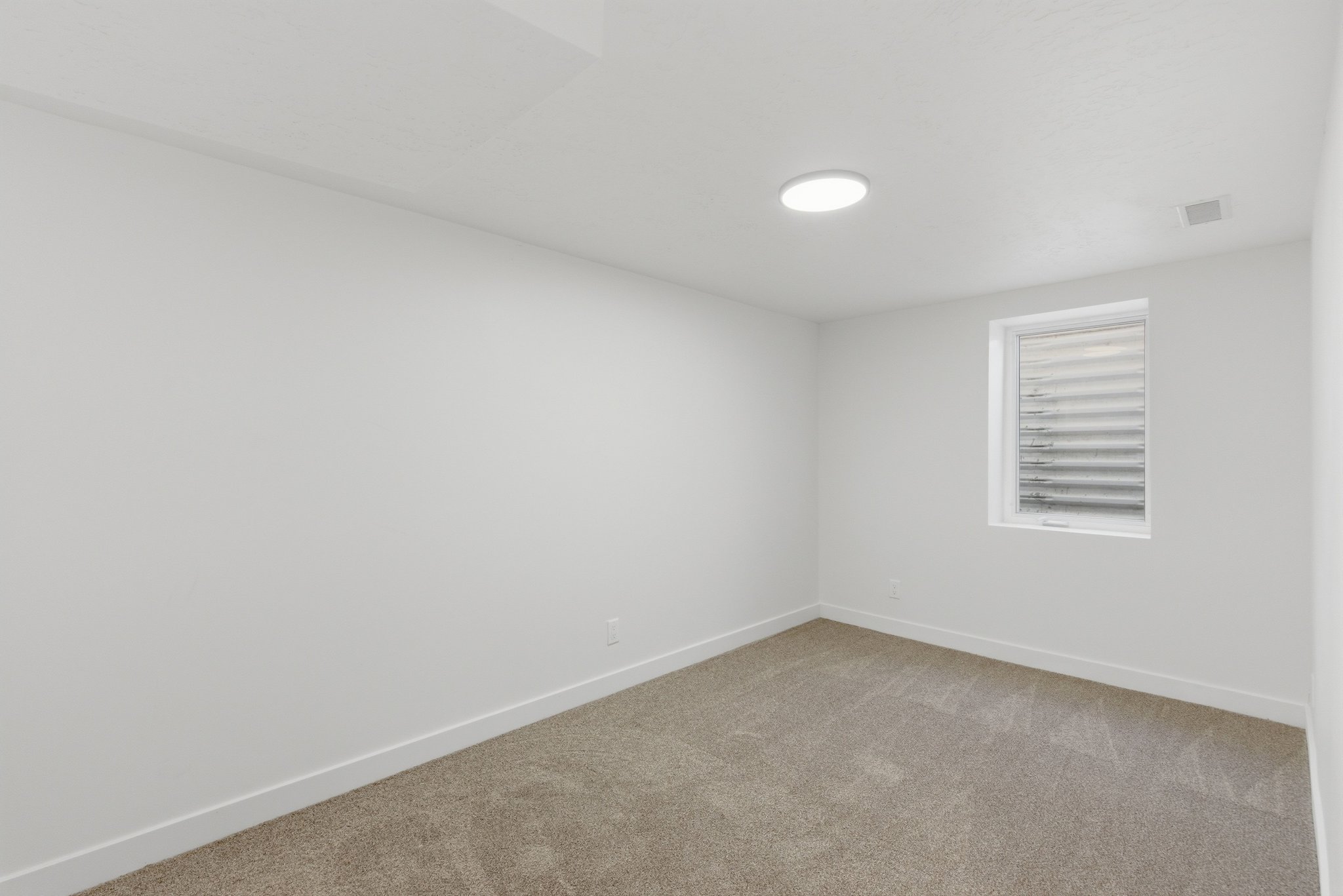 Light-filled room featuring neutral-toned carpeting, white walls, and a contemporary ceiling light fixture