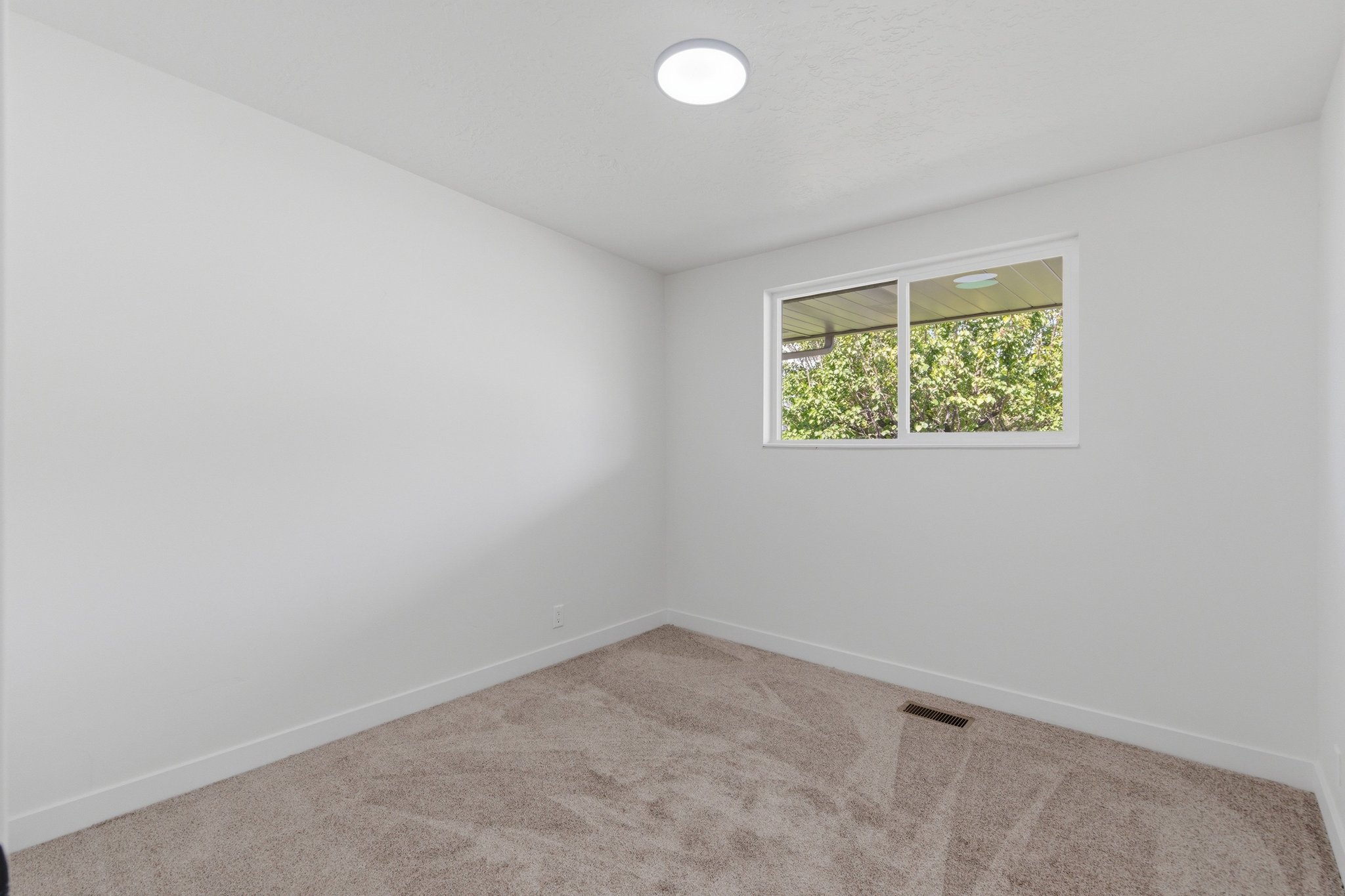 Neutral-toned carpet flooring and white walls with baseboards