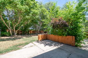Expansive backyard with a concrete patio area, mature trees, and a wood privacy fence