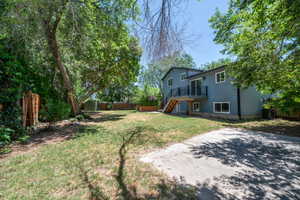 Spacious backyard with mature perimeter trees, a concrete driveway, and a wooden privacy fence