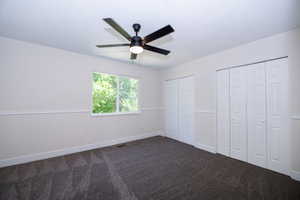 Bright interior space featuring a double window, dark patterned carpet, and a modern ceiling fan