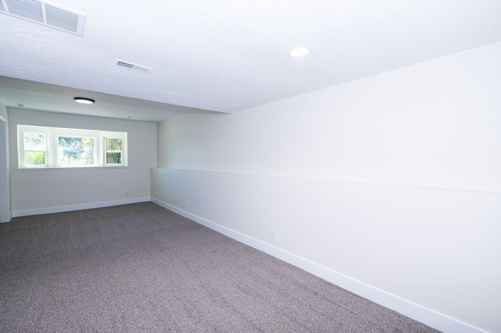 Bright room featuring a three-panel window, light-colored walls, and gray carpet flooring