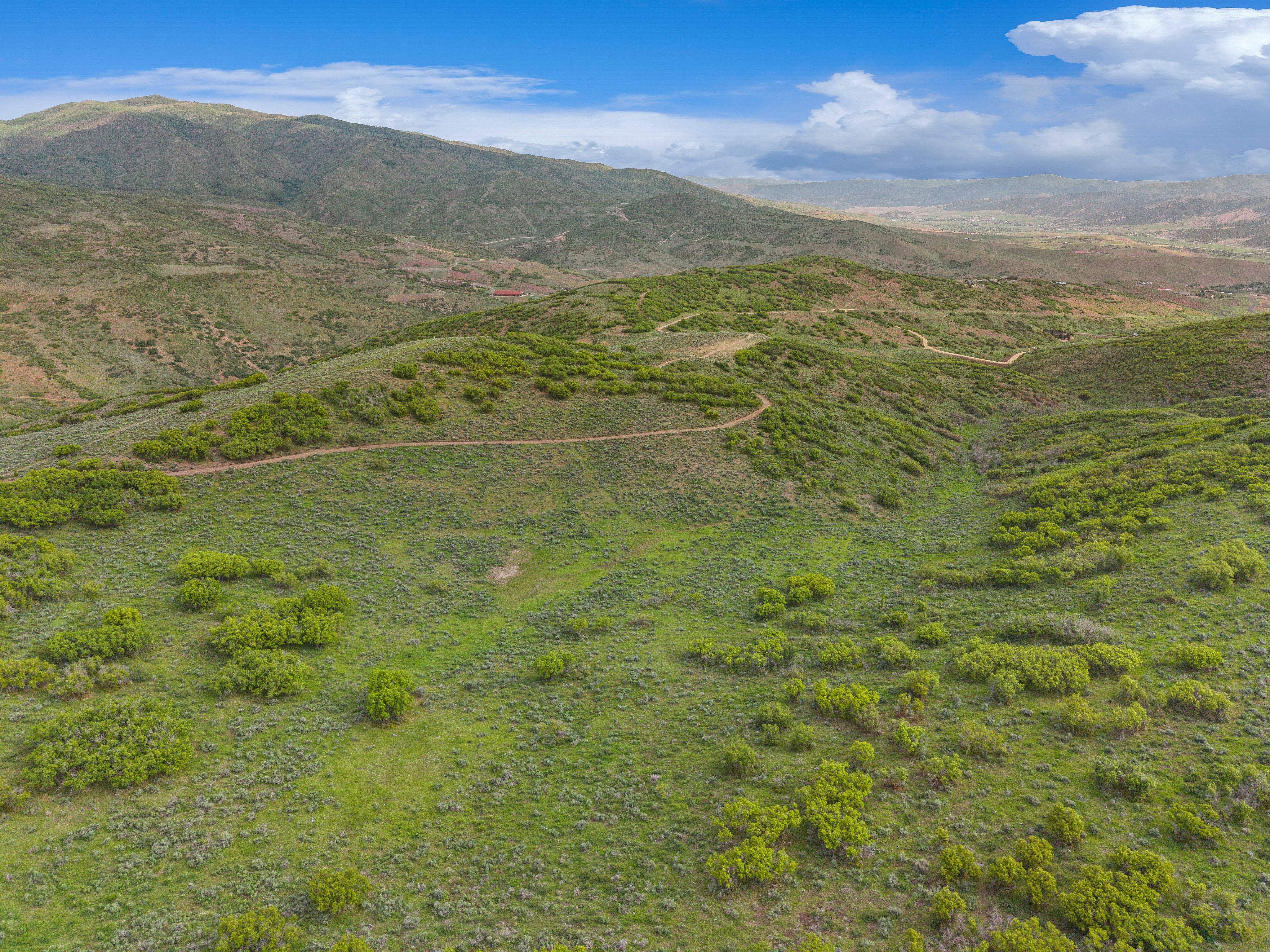 Expansive verdant landscape featuring rolling hills, scattered green brush, and distant mountain ranges