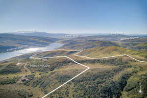 Aerial perspective encompassing Rockport Reservoir and Uinta Mountains