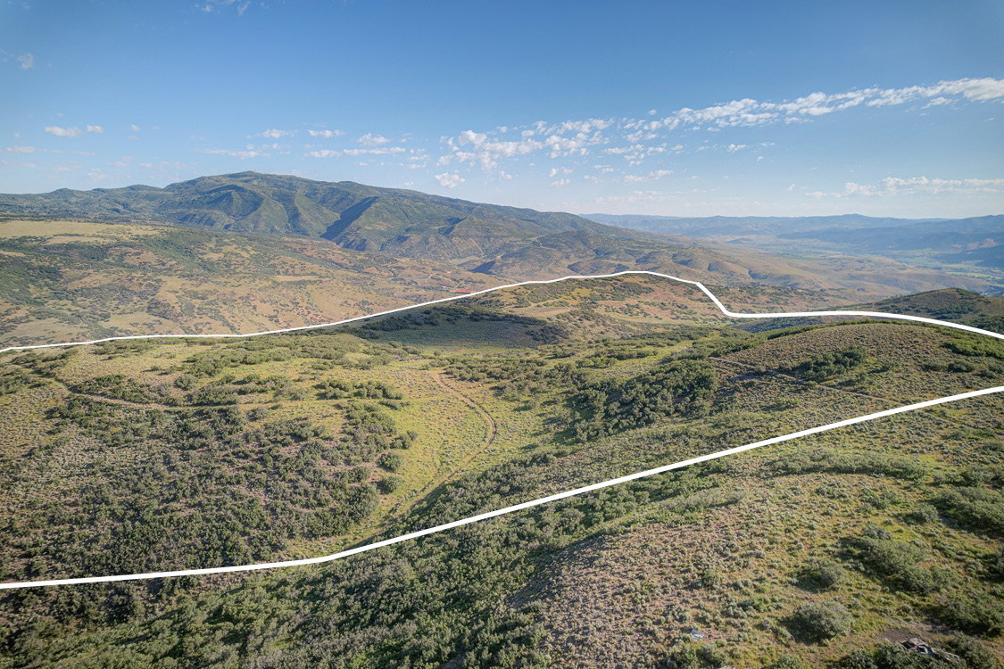 Expansive mountainous terrain with varied vegetation and visible boundary lines