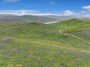 Expansive rolling green hills with scattered trees, a winding unpaved road, and distant mountain ranges under a blue sky with white clouds