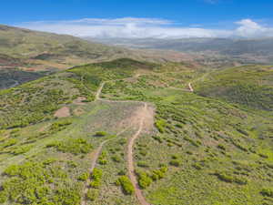 Expansive, undulating terrain featuring verdant shrubbery and visible dirt paths