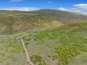 Expansive natural landscape featuring rolling hills, varied green vegetation, distant mountain ranges, and a winding dirt path