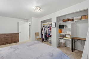 Bedroom featuring textured carpet flooring and a semi-flush mount ceiling light