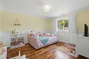 Interior room with wood-finish flooring, white wainscoting, and crown molding