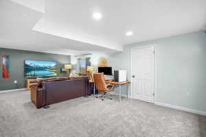 Expansive versatile room featuring recessed lighting, a neutral-toned carpet, and a white six-panel door