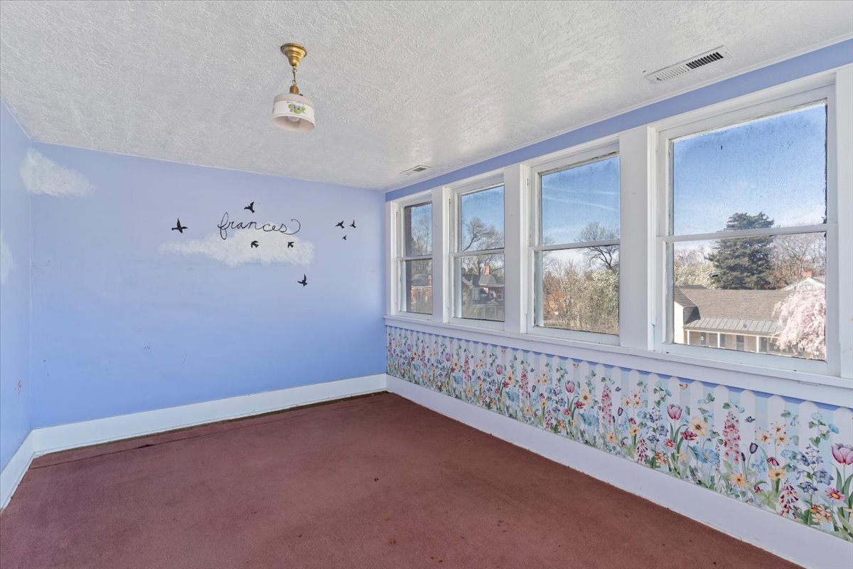 Room featuring a wall of multiple double-hung windows, light blue painted walls, a lower floral wallpaper border, and brown carpeting