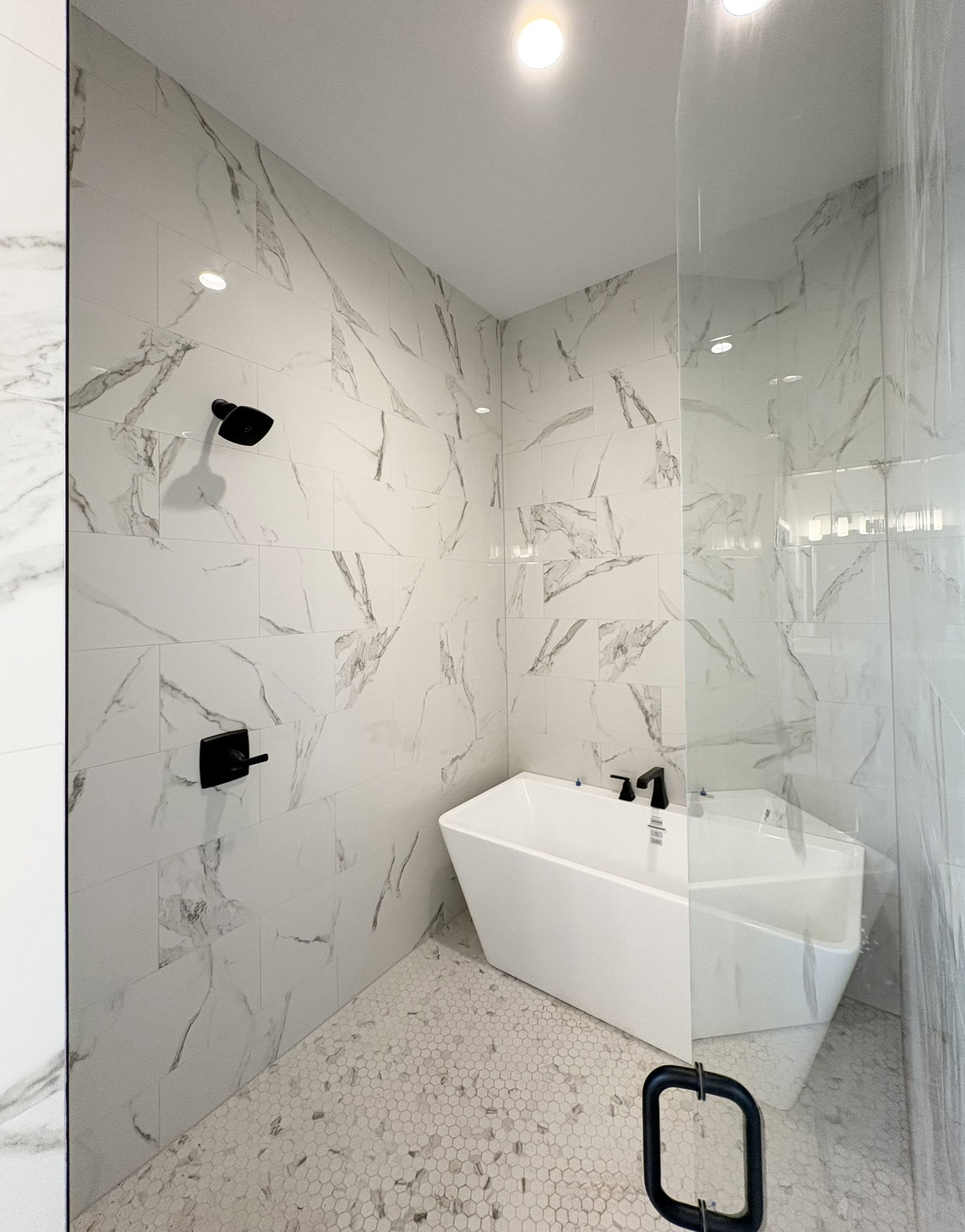 Primary walk in shower and tub