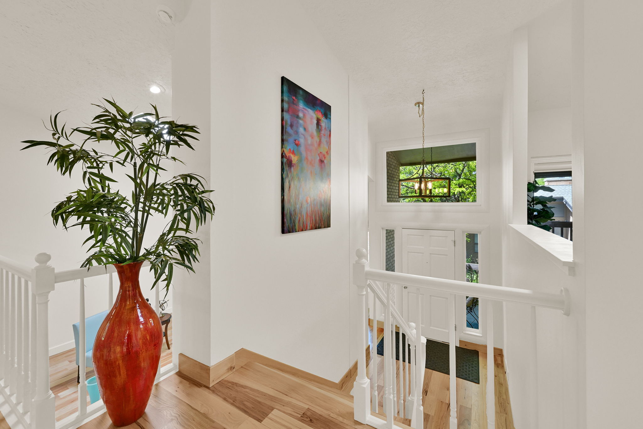 Entryway featuring a white paneled door with sidelights, transom window, and wood-finish flooring