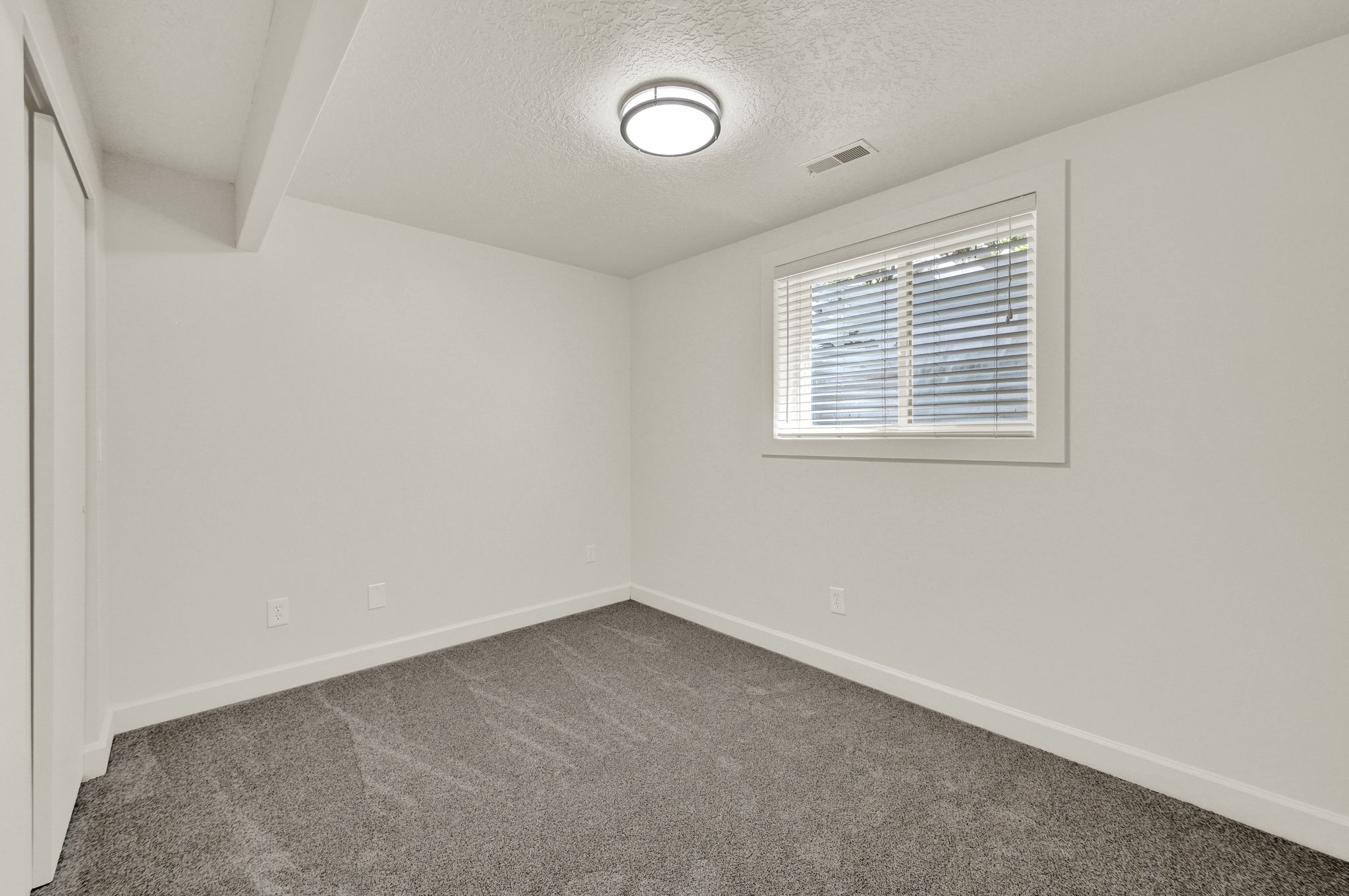 Carpeted room featuring a window with blinds, white walls, and a flush-mount ceiling light