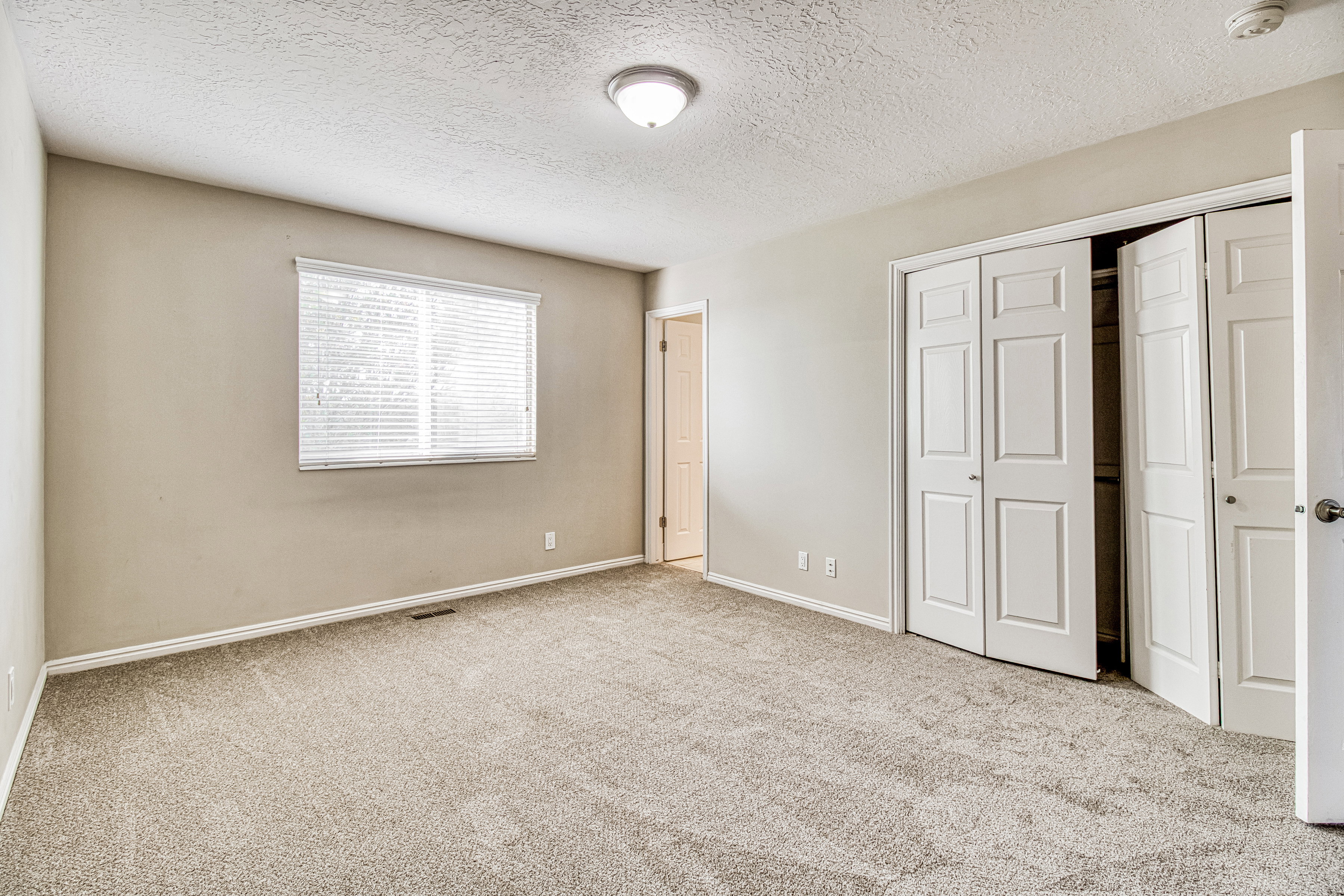 Carpeted room with neutral wall tones and white trim
