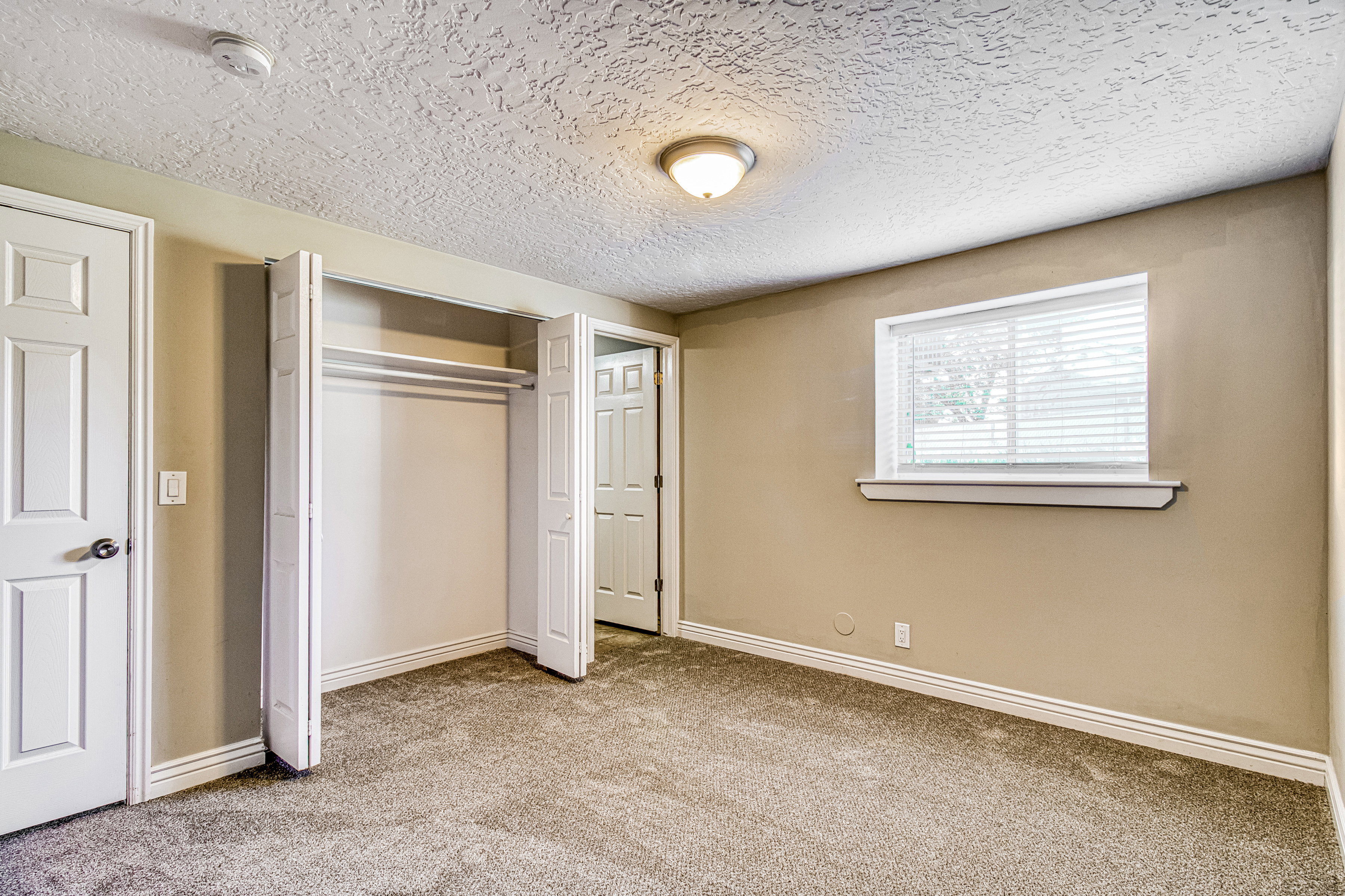 Neutral-toned room featuring plush carpeting, a bi-fold door closet with shelving, and a window with blinds