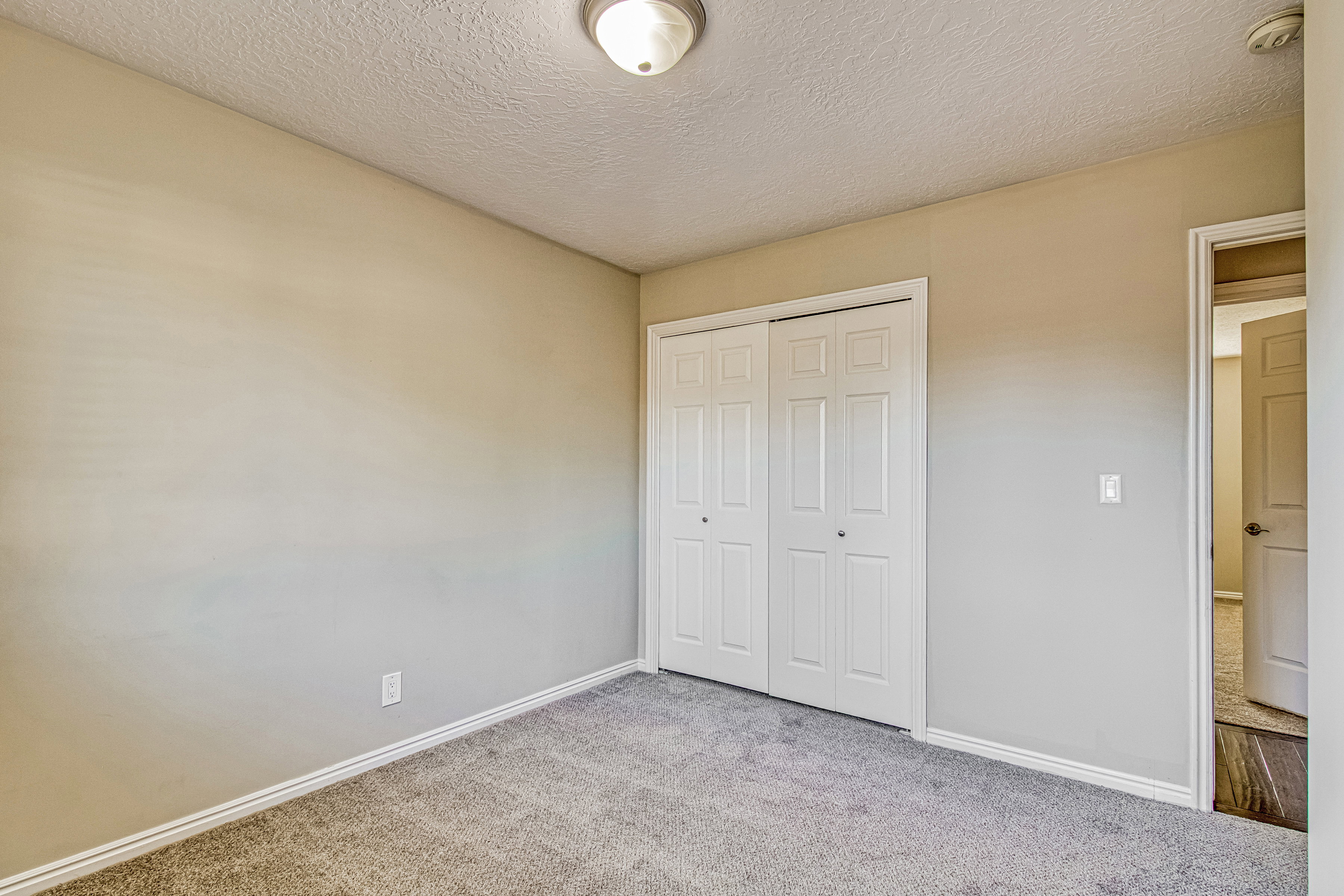 Neutral-toned walls complement the textured gray carpeting